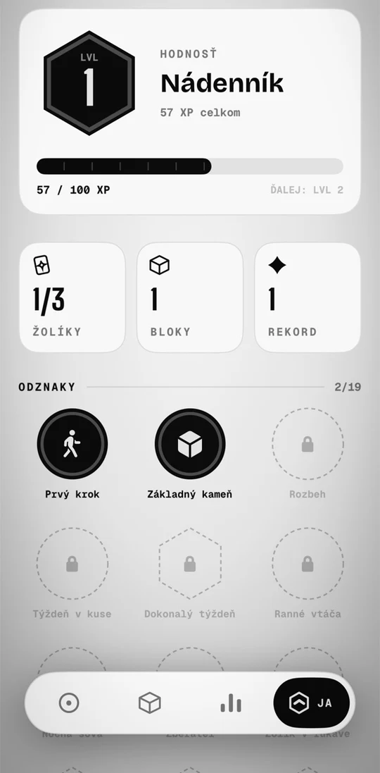 Real theMonolith profile showing level one, XP progress, shields and earned achievement badges